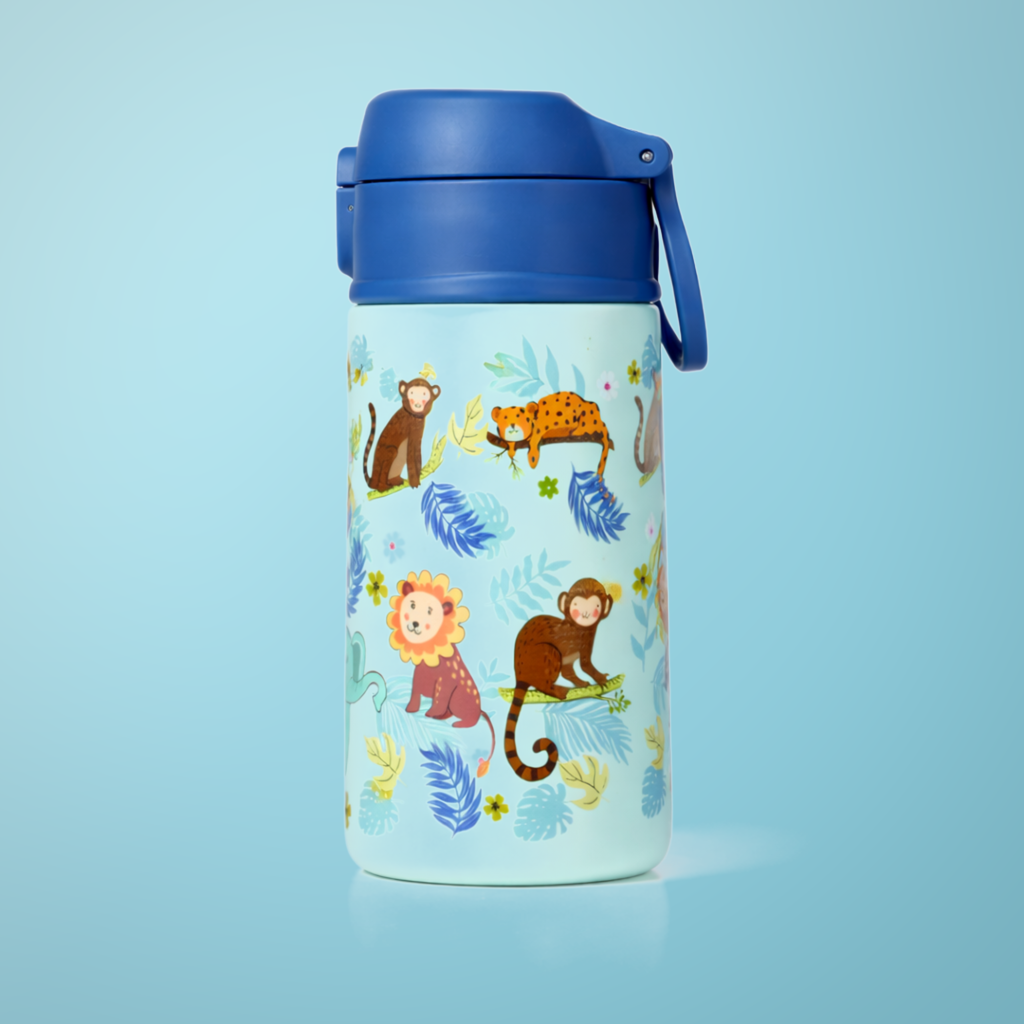 Bidon termiczny dla dzieci SOVENTI 400ml dżungla zoo niebiesko-zielony - zdjęcie 1