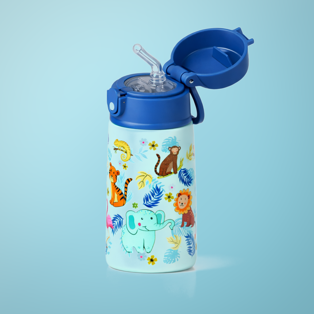 Bidon termiczny dla dzieci SOVENTI 400ml dżungla zoo niebiesko-zielony - zdjęcie 2