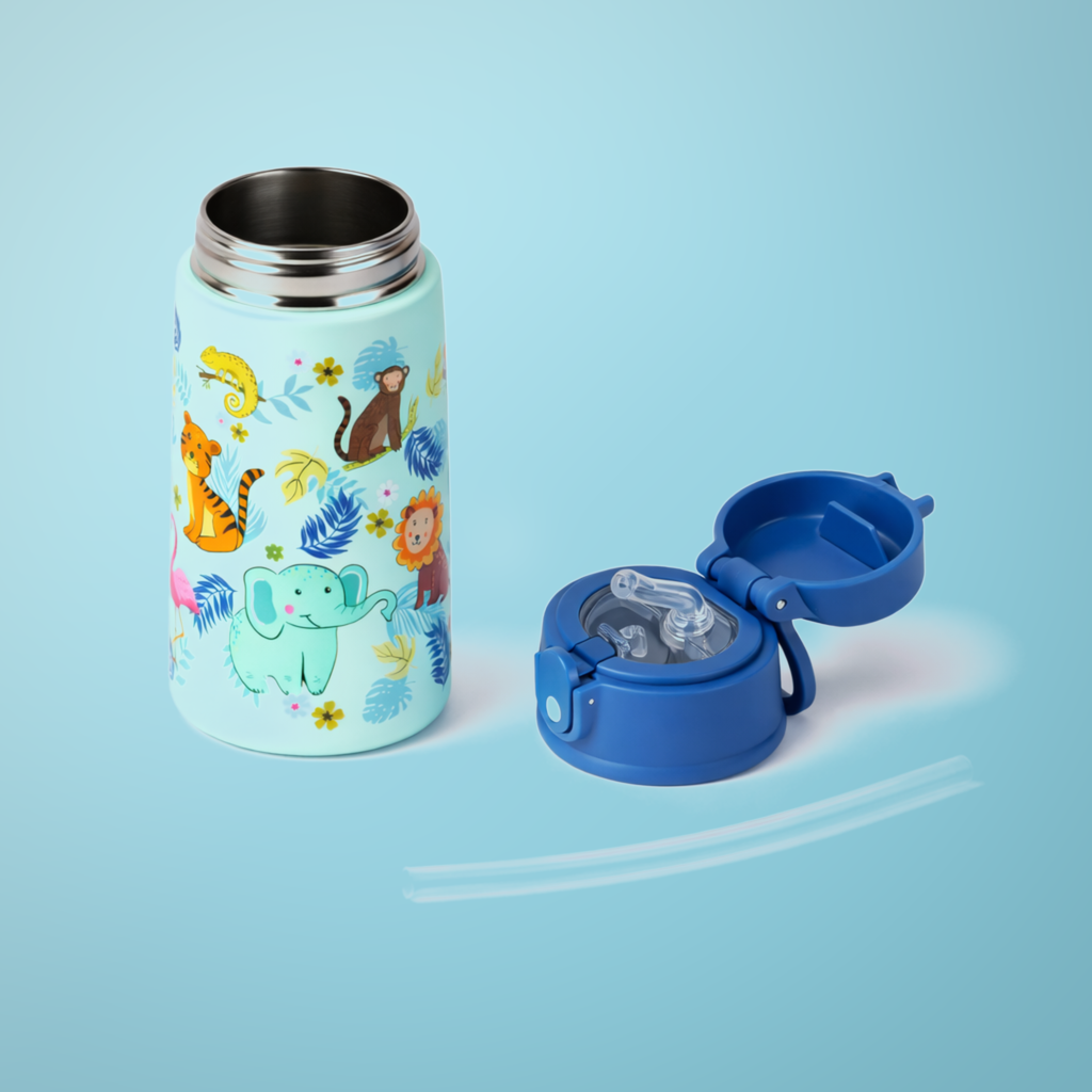 Bidon termiczny dla dzieci SOVENTI 400ml dżungla zoo niebiesko-zielony - zdjęcie 3