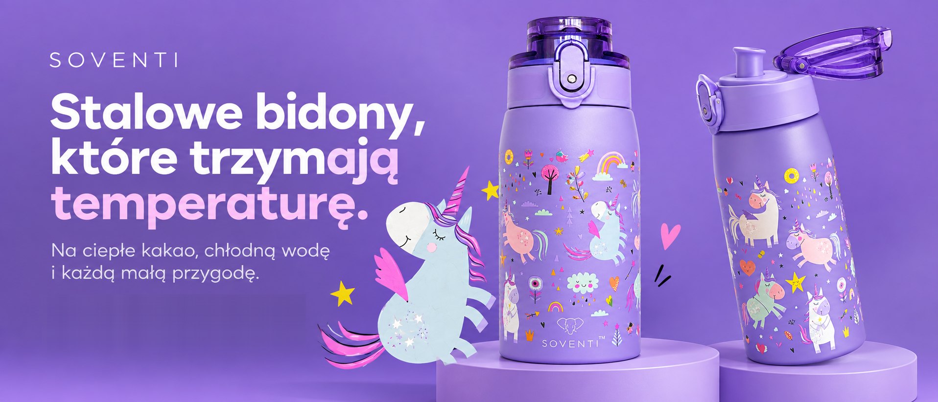 Stalowe bidony SOVENTI, które trzymają temperaturę. Na ciepłe kakao, chłodną wodę i każdą małą przygodę.